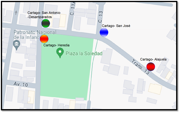 Croquis de ubicación de paradas provisionales plaza de la Soledad en Cartago