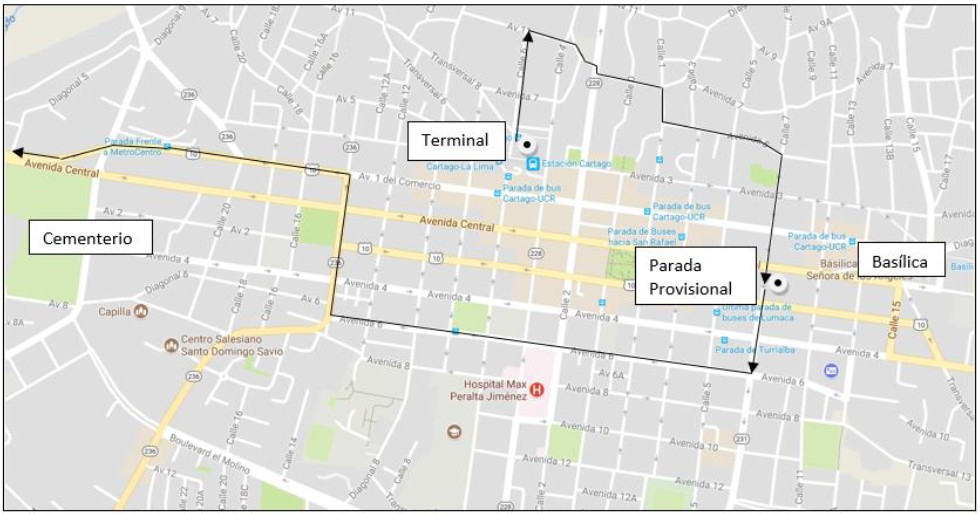 Croquis 1: Recorrido temporal de salida y parada provisional N°1 Supermercado Hormiga de Oro en sentido Cartago-San José.
