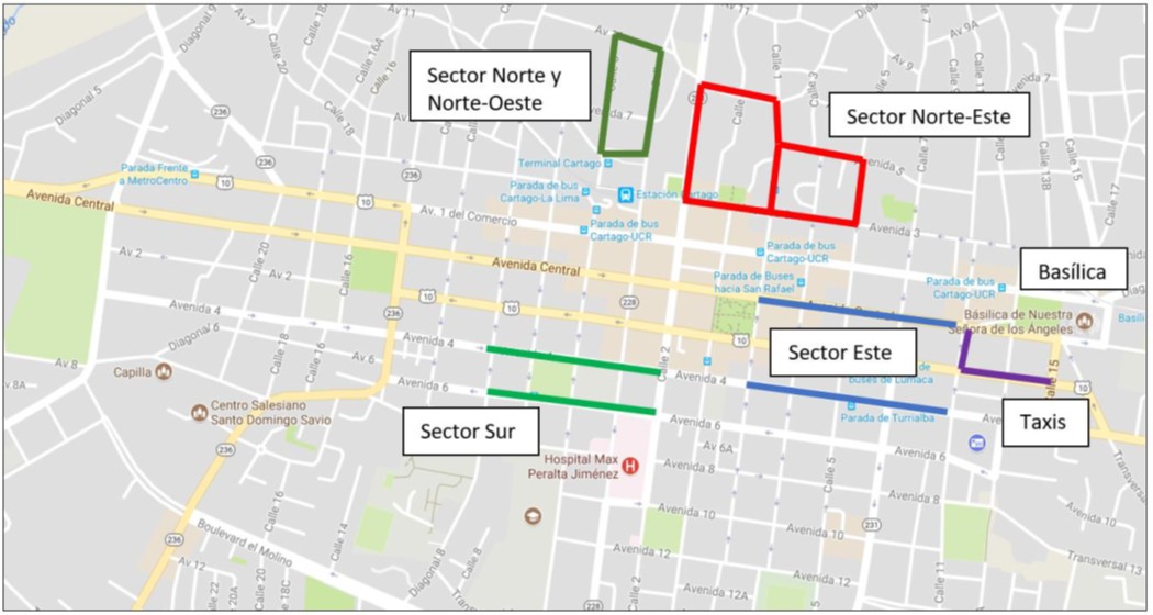 Croquis 4: Paradas Provisionales de autobuses de diferentes sectores y Taxis en el centro de Cartago.